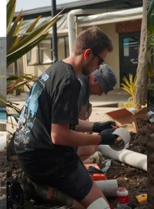 Two people assembling pipes outdoors.