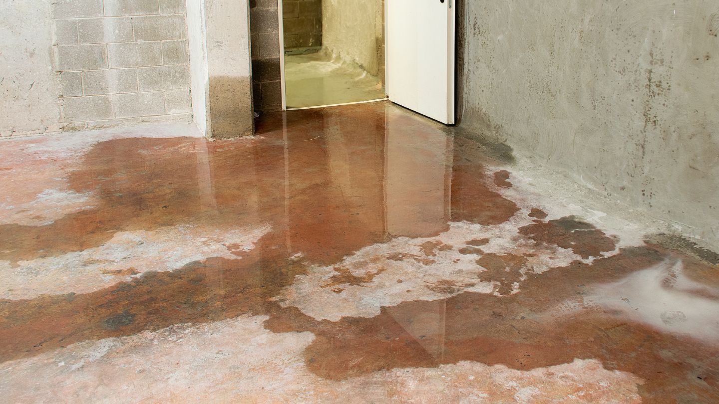 Pooled water on stained concrete floor.